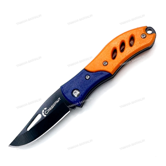 Нож туристический "СЛЕДОПЫТ", дл. клинка 65 мм, оранжево-синяя ручка/360/240/